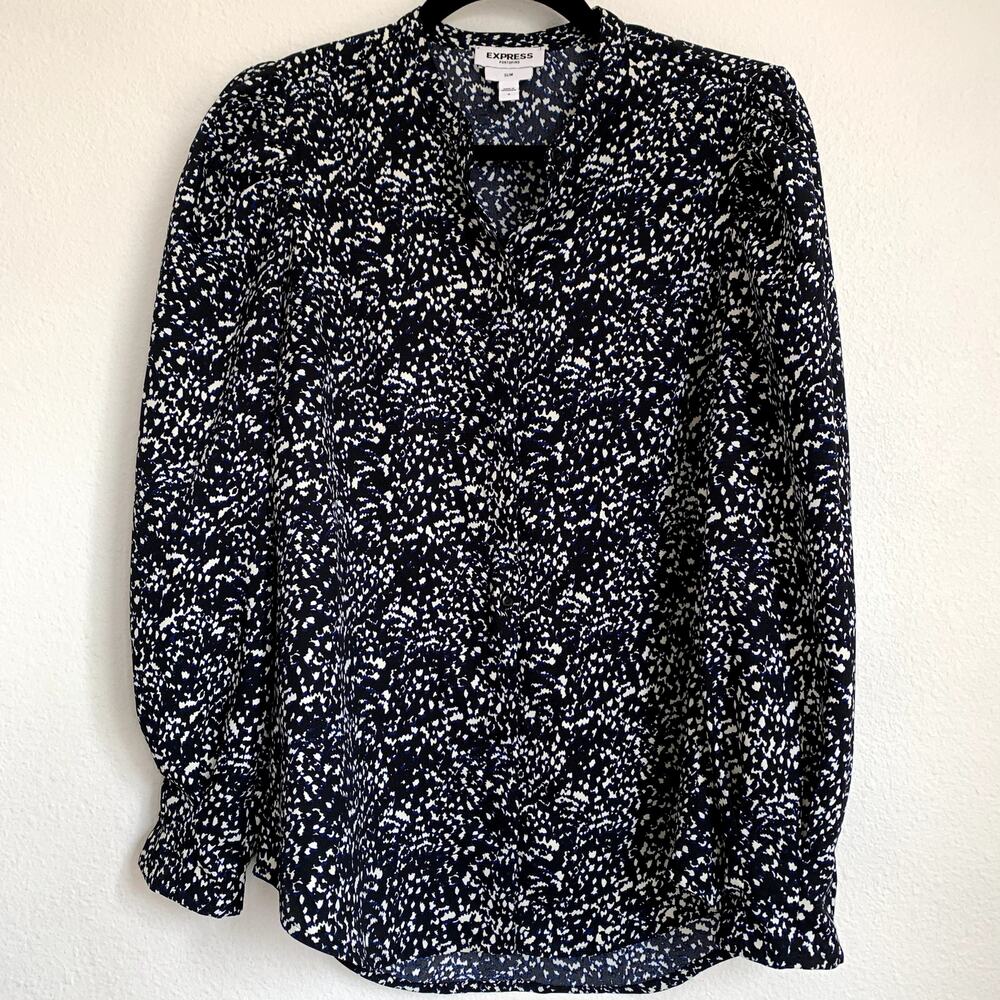 Express Portofino Slim Fit Puff Sleeve Shirt in Black/Blue‎